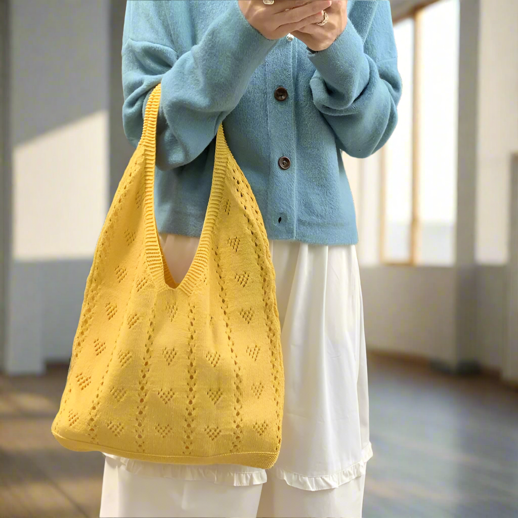 Knitted Large Capacity Tote Bag-Hollow Heart Pattern