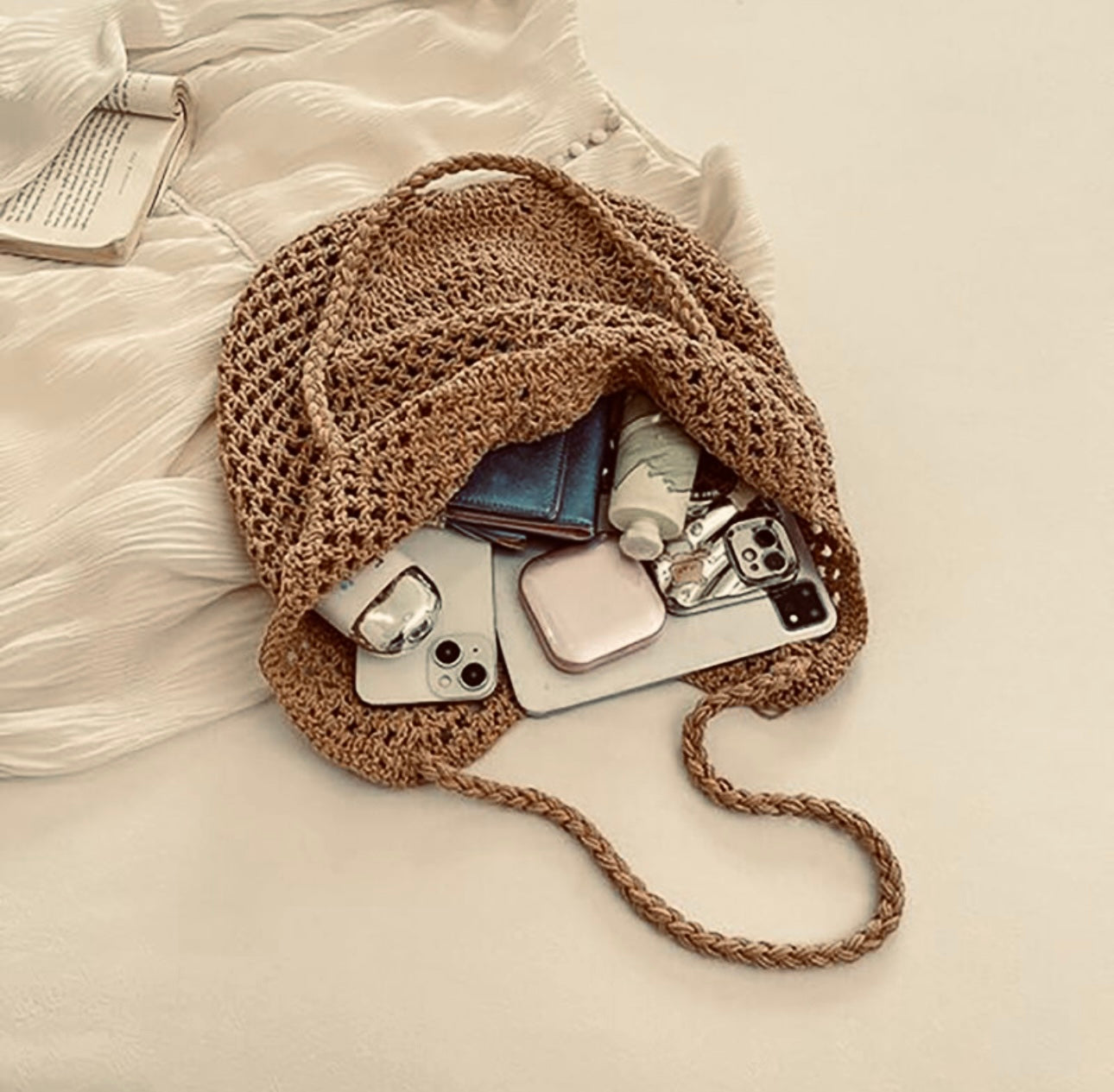 Women's Crochet Solid Color Square Open Tote Bag