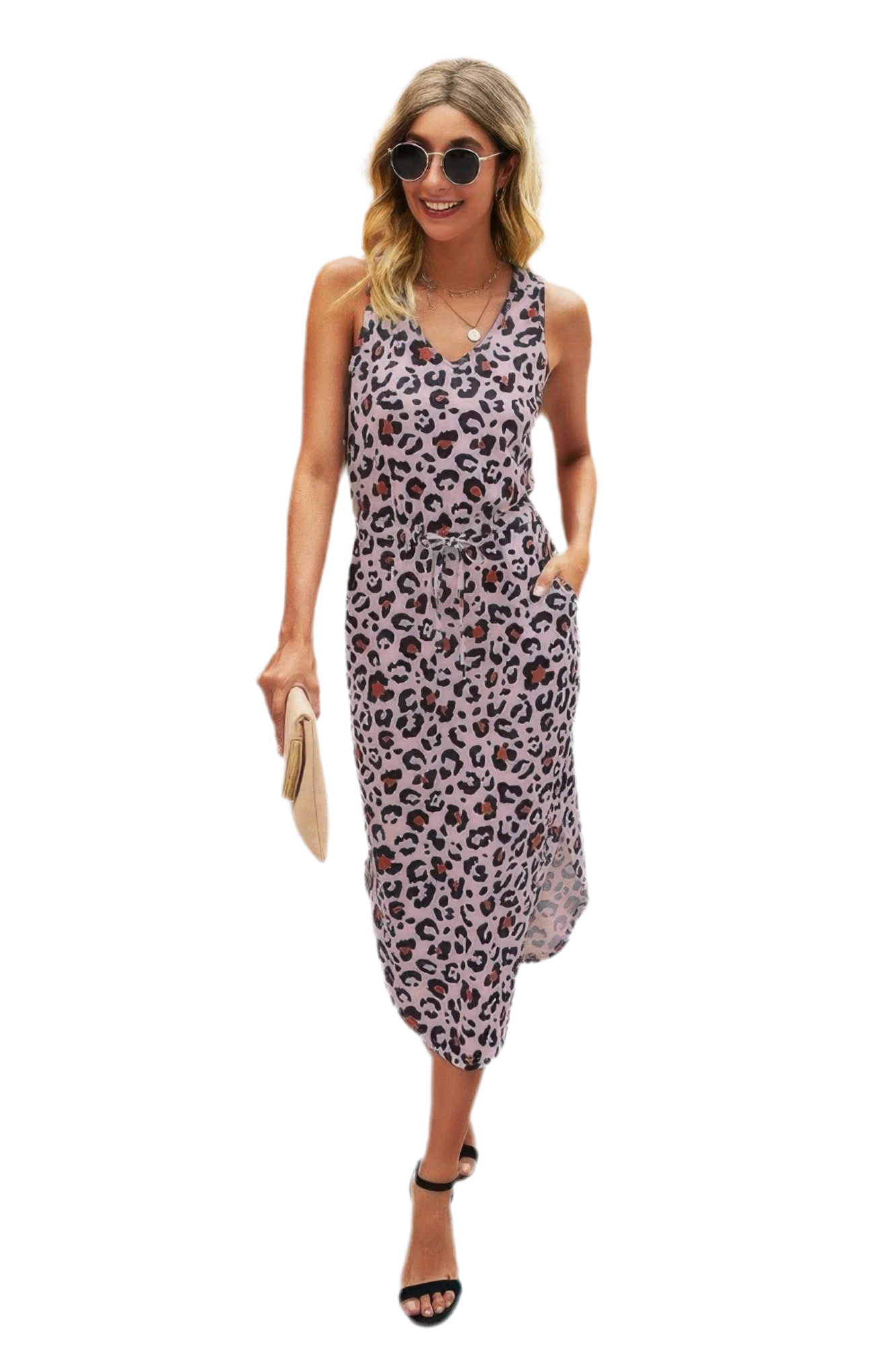 Lovely Leopard Printed Deep V Neck Sleeveless Loose Dress