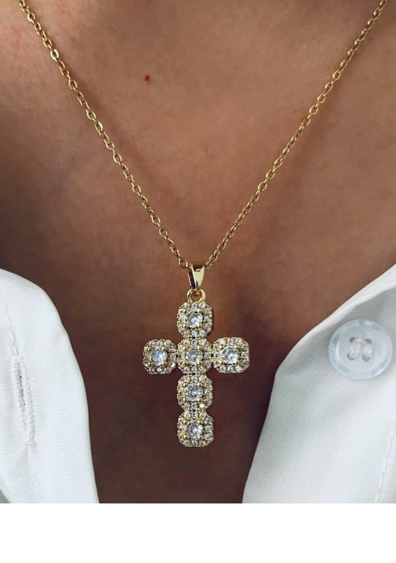 Stainless Steel 14K Gold Plated Inlaid Zircon Cross Necklace