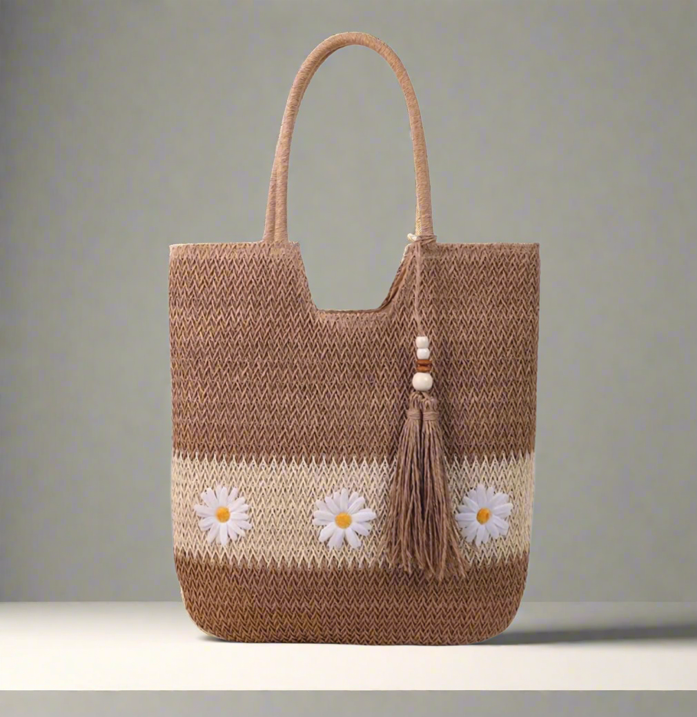 Women's Knit Color Block Daisy Tote Bag with Zipper