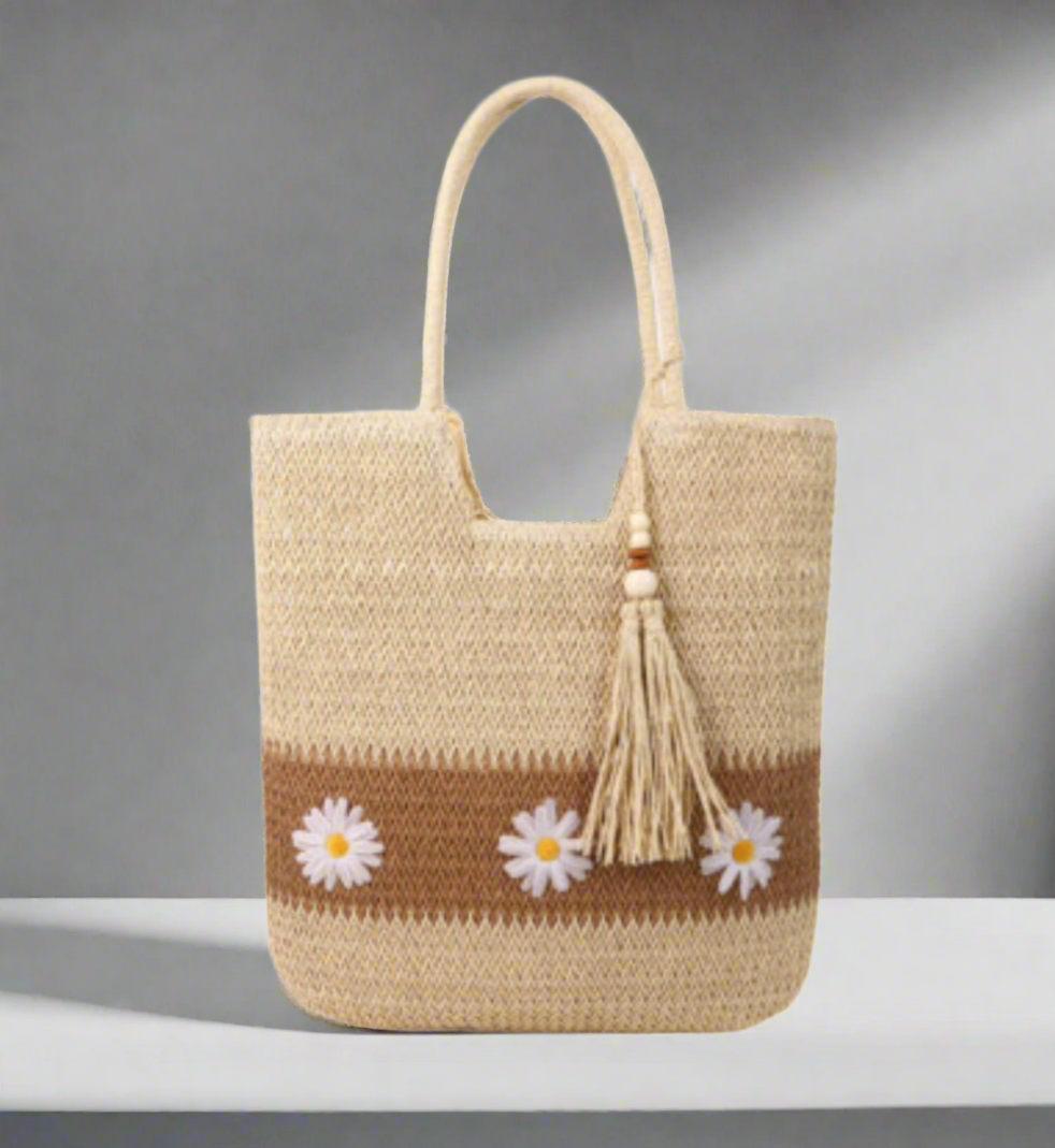 Women's Knit Color Block Daisy Tote Bag with Zipper