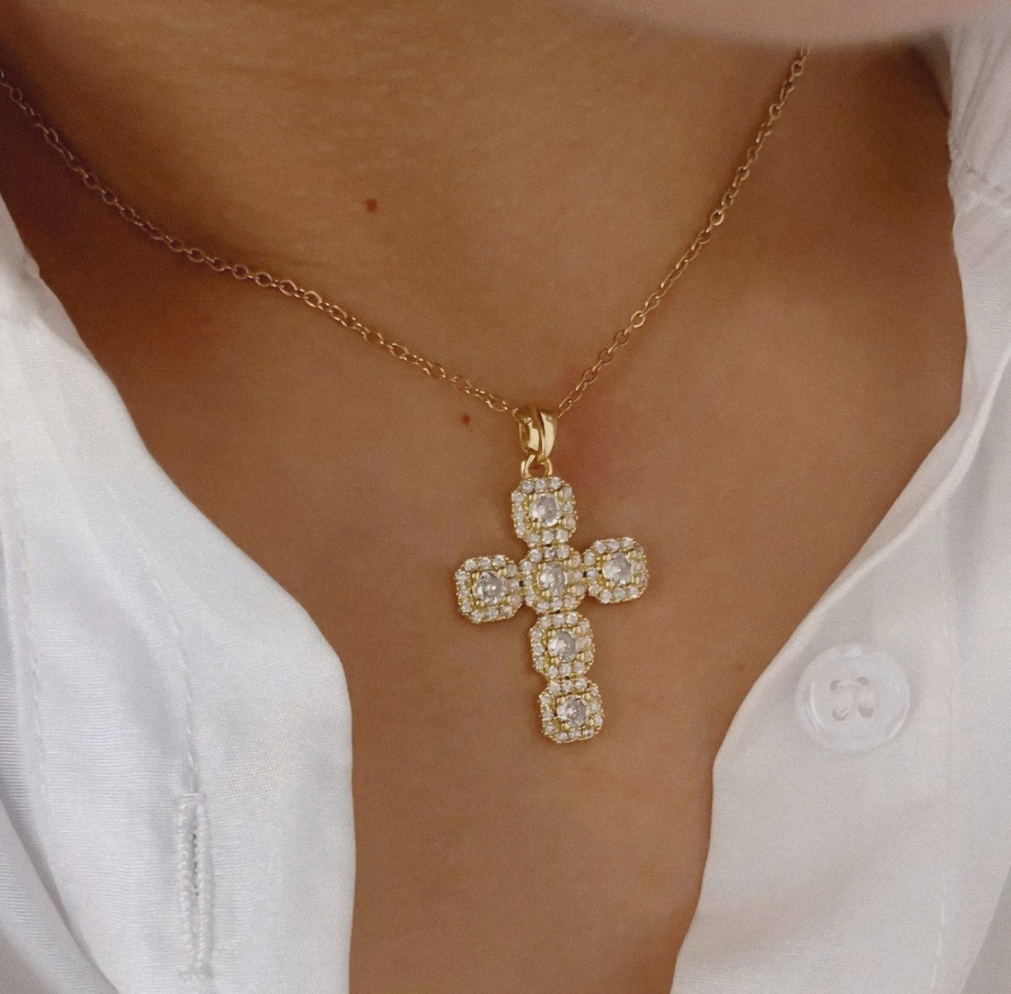 Stainless Steel 14K Gold Plated Inlaid Zircon Cross Necklace