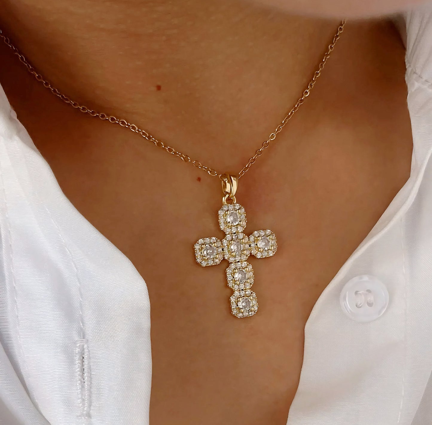 Stainless Steel 14K Gold Plated Inlaid Zircon Cross Necklace