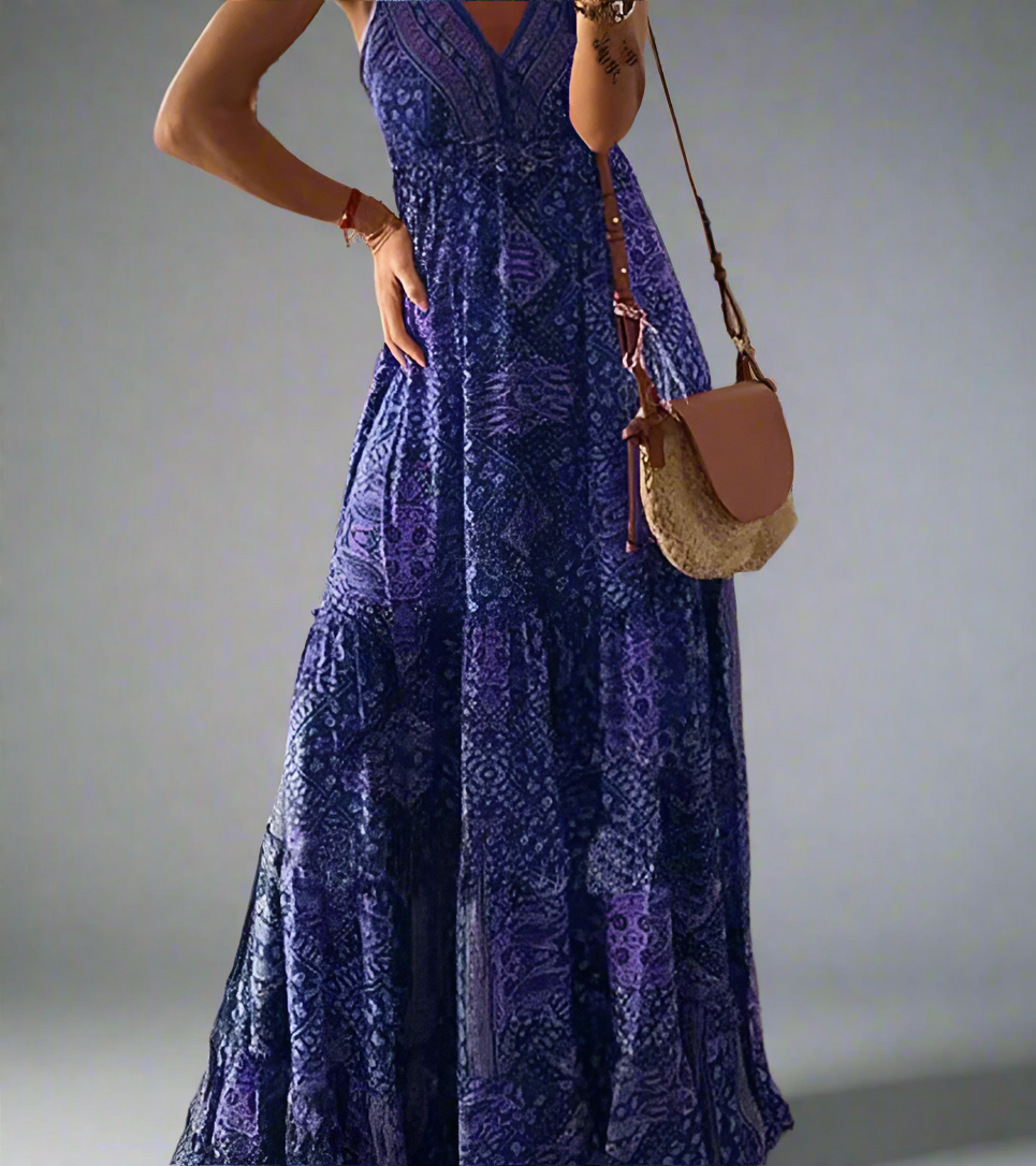 Bohemian Style High Waist V-neck Floral Print Maxi Dress Long Sleeveless Women Dress Plant Floral Pattern