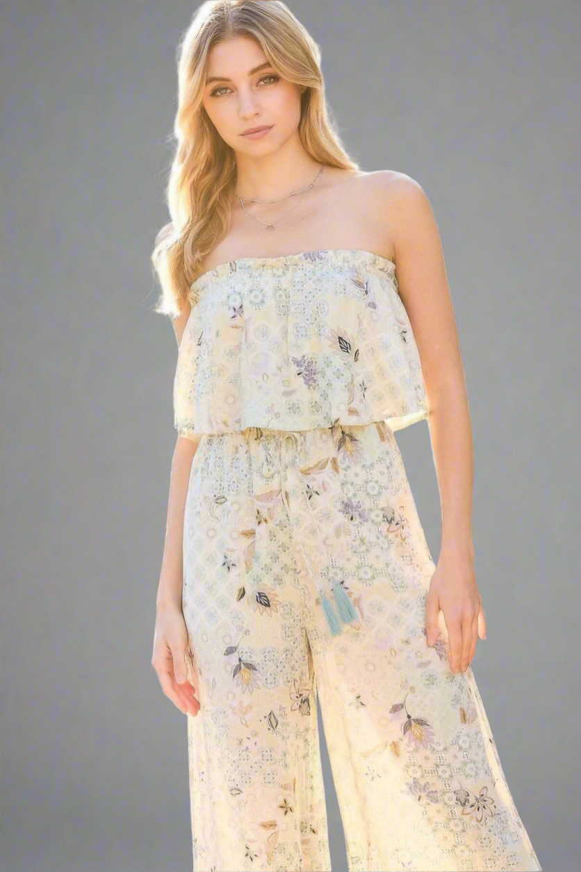 Tube Top With Tier Ruffle Waist Elastic Bottom Lace Trim Jumpsuit