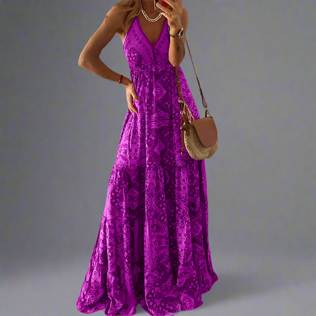 Bohemian Style High Waist V-neck Floral Print Maxi Dress Long Sleeveless Women Dress Plant Floral Pattern