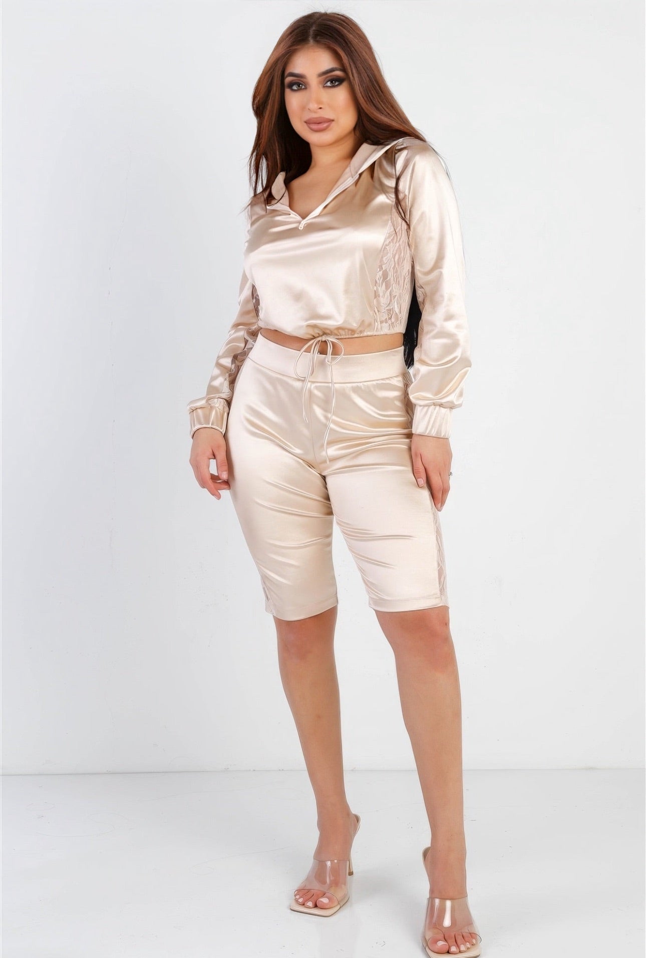 Satin Lace Details Long Sleeve Hooded Crop Top & Biker Short Set