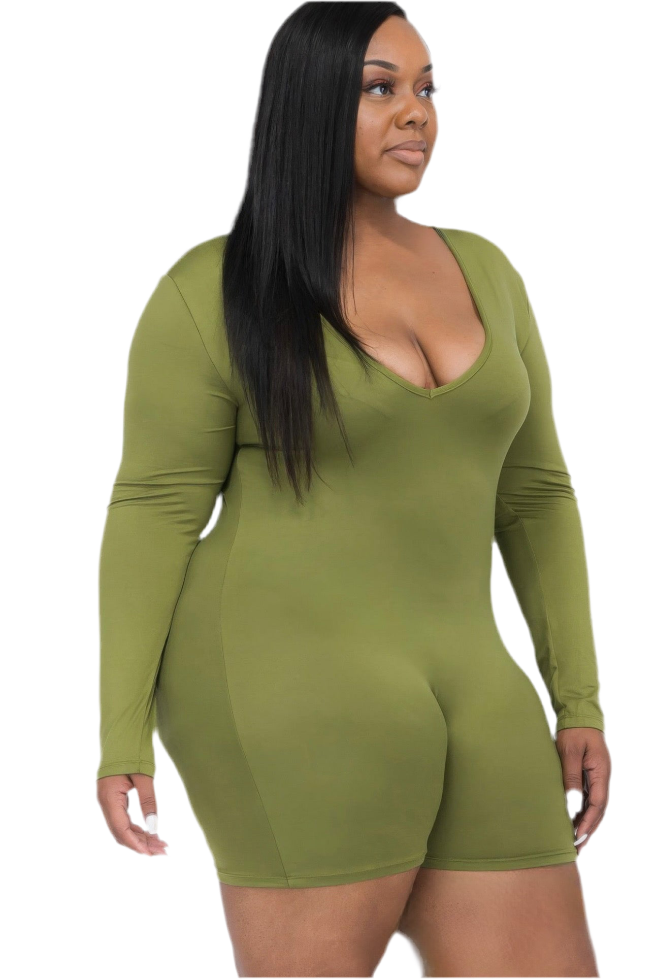 Plus V-neck Long Sleeve Bodycon Romper