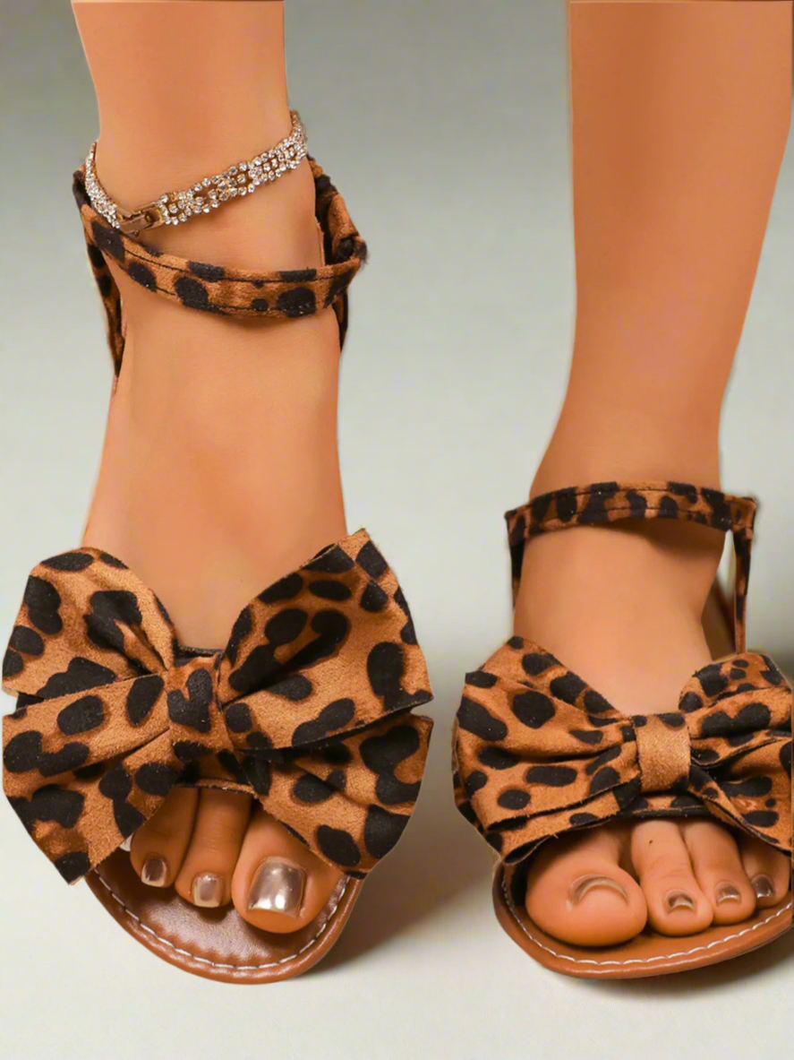 Leopard Print Bow Ankle Strap Flat Sandals