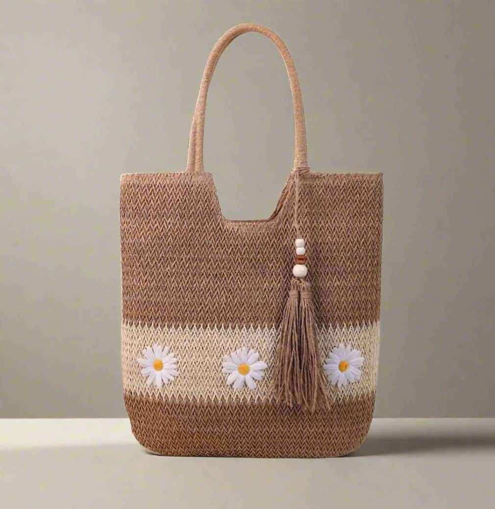 Women's Knit Color Block Daisy Tote Bag with Zipper