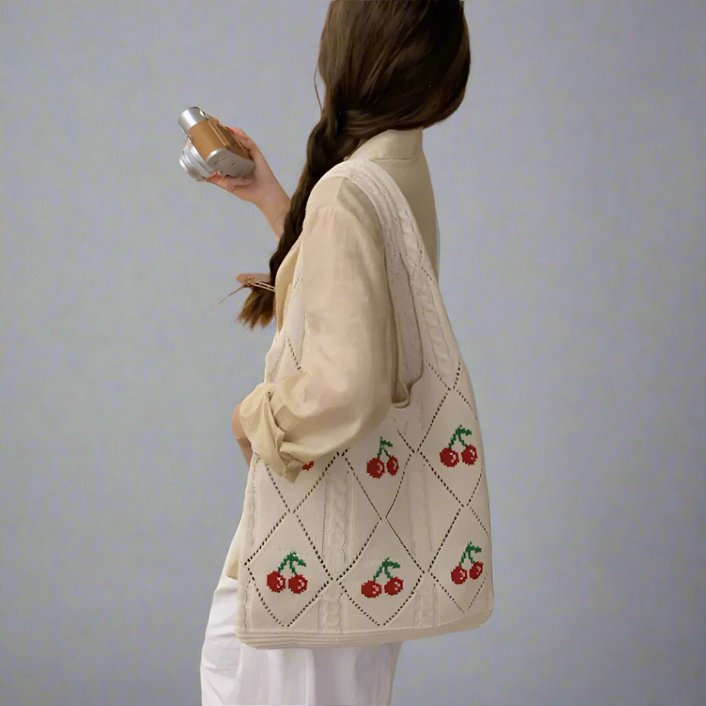 New Ins Bag Exclusive for Knitted Bags Cherry Woven Bag Large Capacity Totes Shoulder Bag