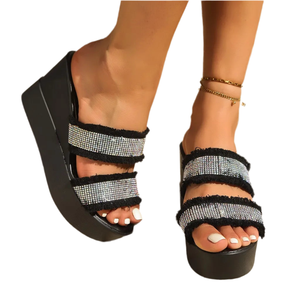 Trendy Rhinestone Open Toe Wedge Sandals