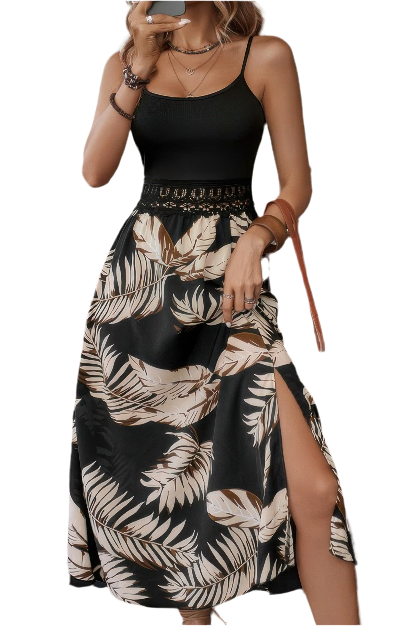 Tropical Print Guipure Lace Insert Split Dress