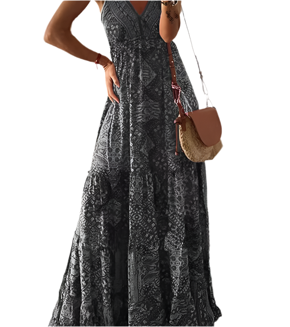 Bohemian Style High Waist V-neck Floral Print Maxi Dress Long Sleeveless Women Dress Plant Floral Pattern
