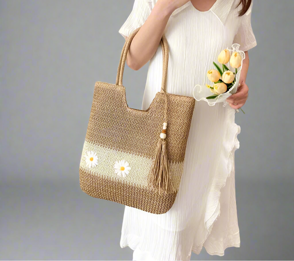 Women's Knit Color Block Daisy Tote Bag with Zipper