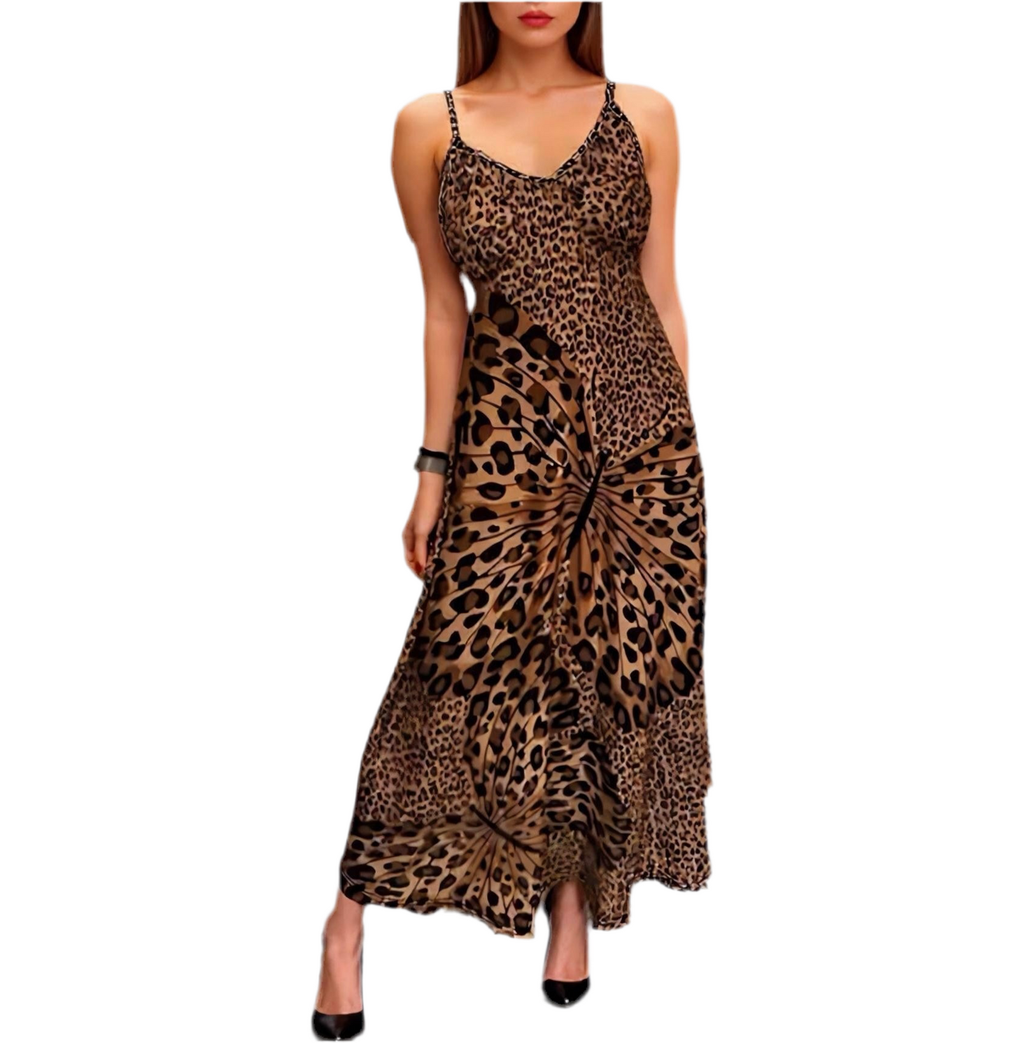 Fashionable Spaghetti Strap Leopard Print V-Neck Long Dress