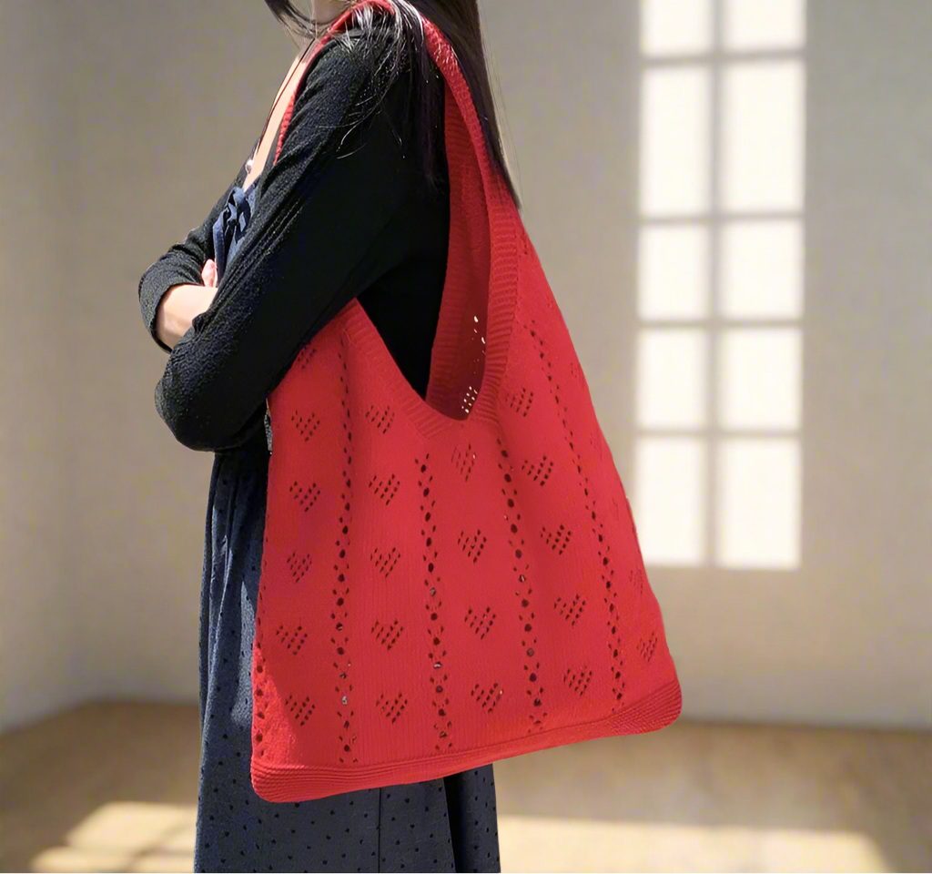 Knitted Large Capacity Tote Bag-Hollow Heart Pattern