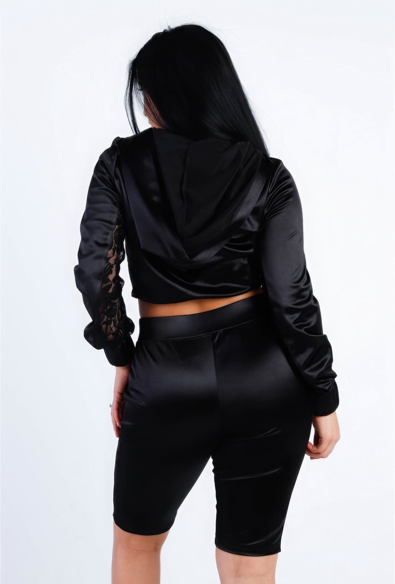 Satin Lace Details Long Sleeve Hooded Crop Top & Biker Short Set