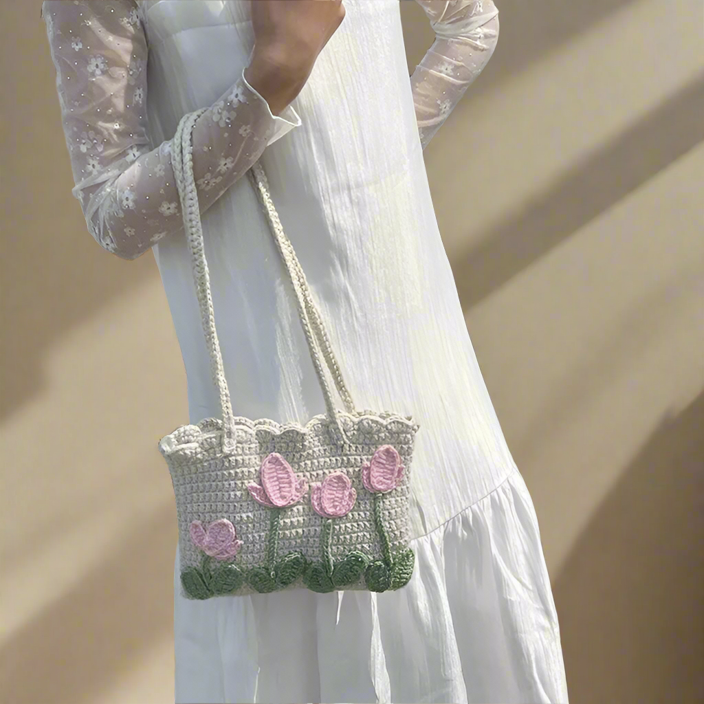 Floral Woven Single Shoulder Bag For Women Casual Seasonless Fabric Buckle Closure Square Shape Cute and Holiday Style