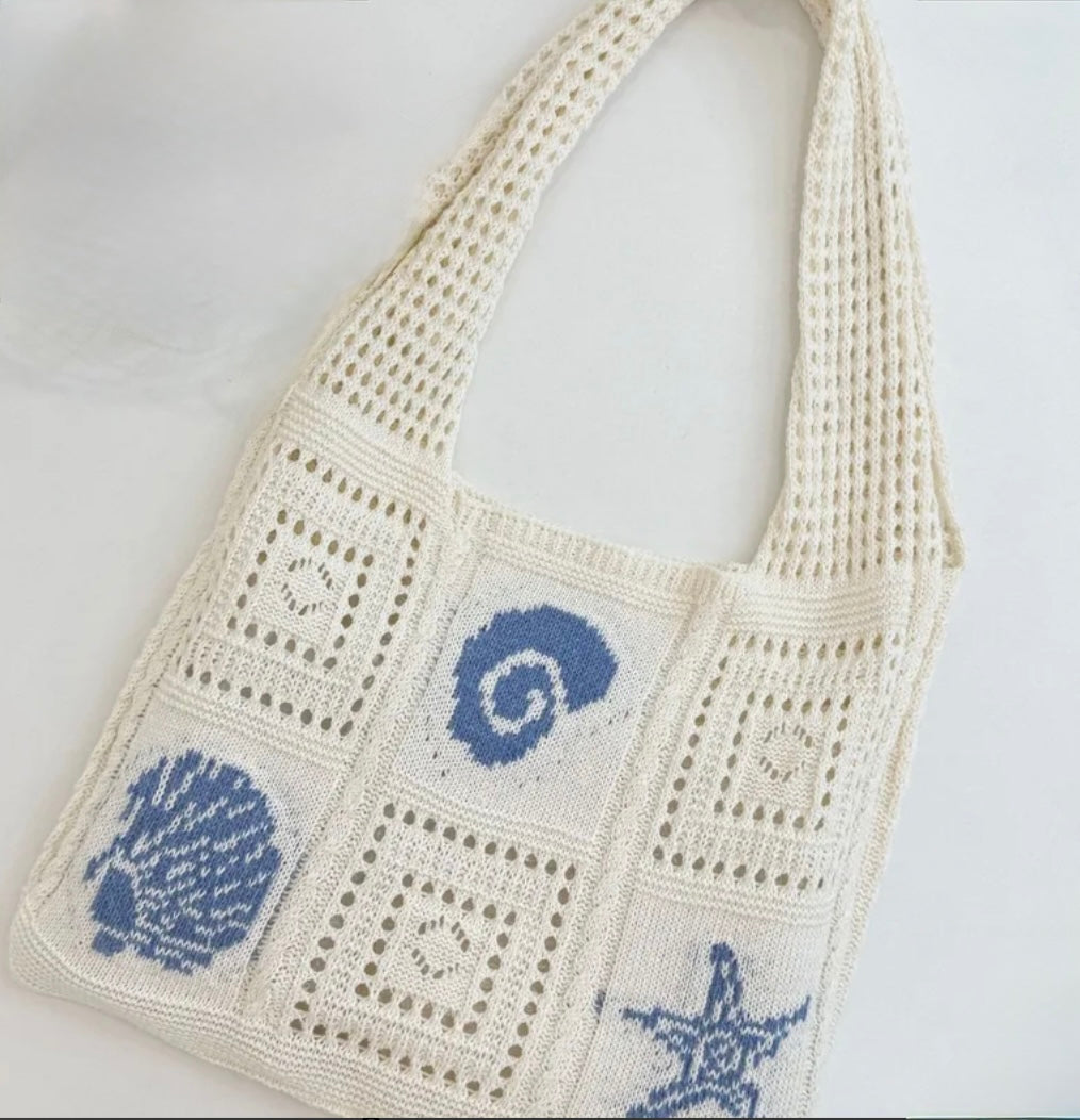 Fashionable Ocean Themed Large Capacity Hollow Woven Beach Bag Shoulder Tote see