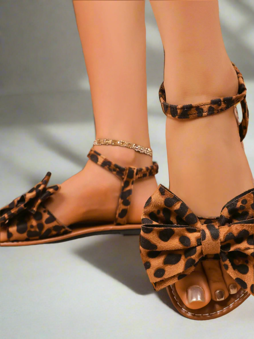 Leopard Print Bow Ankle Strap Flat Sandals