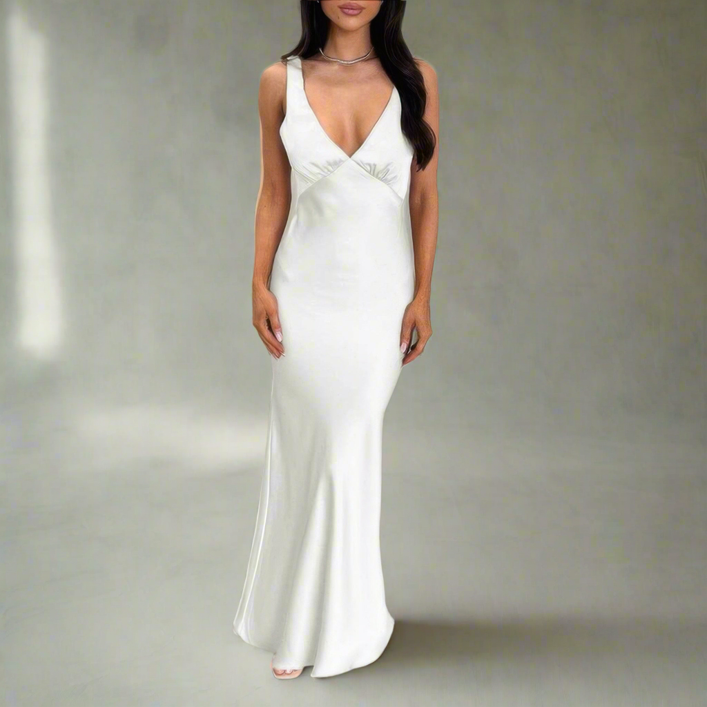 Solid Deep V Neck Low Back High Waist Full Dress