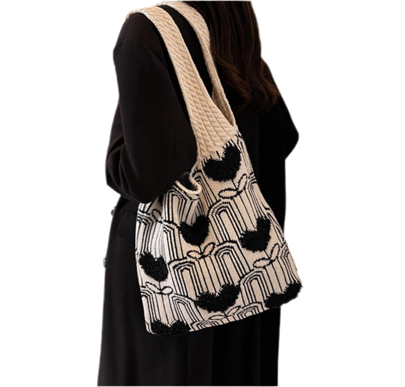 Women's Knit Color Block Heart Shape Open Tote Bag
