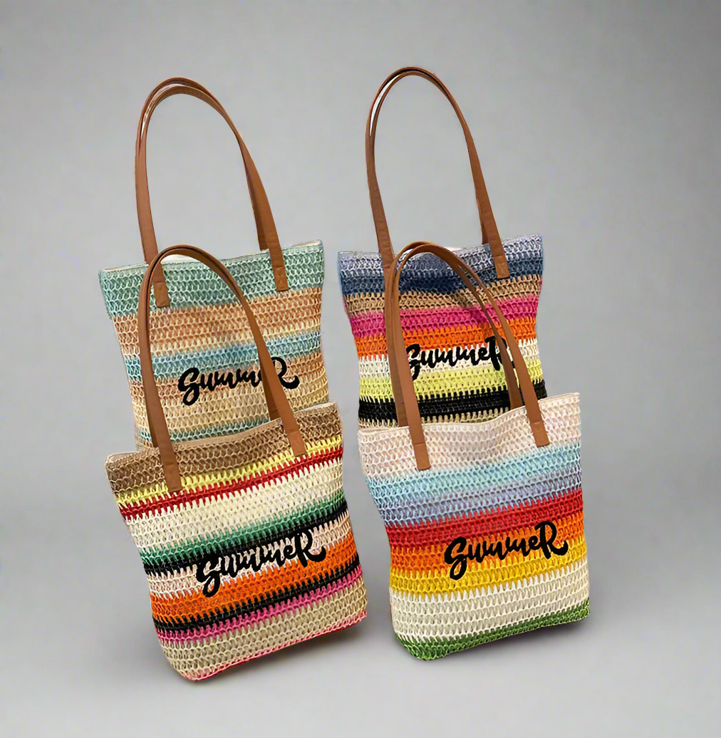 Women's Pu Leather Straw Vocabulary Words/Name Color Block Stripe Vacation Beach Weave Square Zipper Straw Bag