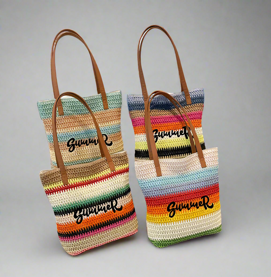 Women's Pu Leather Straw Vocabulary Words/Name Color Block Stripe Vacation Beach Weave Square Zipper Straw Bag
