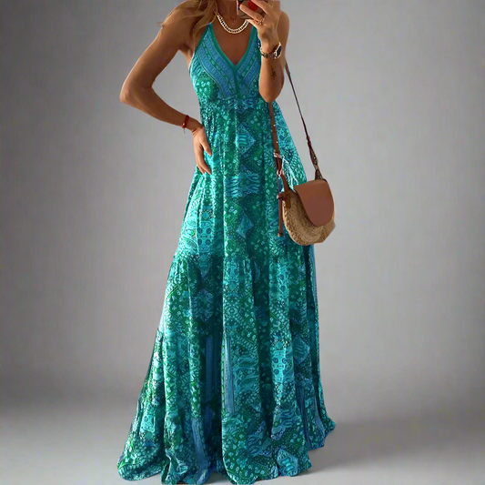 Bohemian Style High Waist V-neck Floral Print Maxi Dress Long  Sleeveless Women Dress Plant Floral Pattern