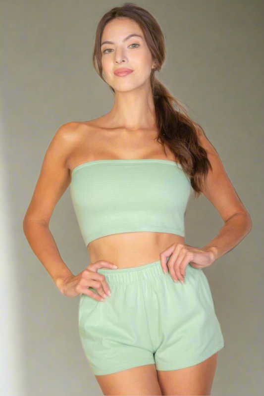 Simple Solid Color Tube Top And Shorts Two Piece Set