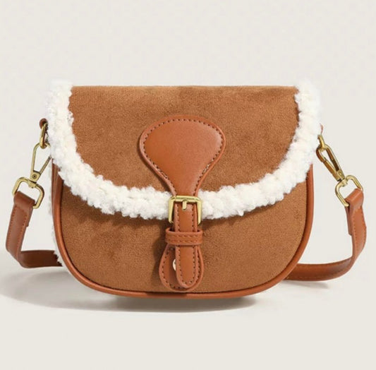 Fleece Trimmed Solid Crossbodybag Adjustable Strap