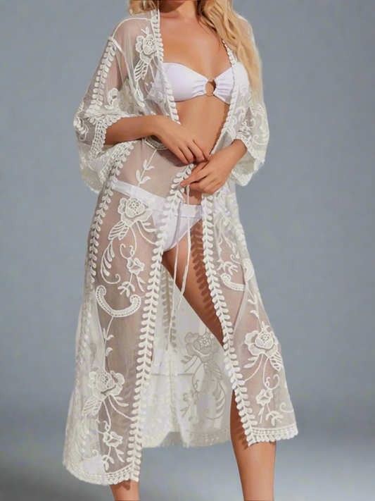 Lace Detail Open Front Longline Cover-Up