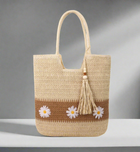 Women's Knit Color Block Daisy Tote Bag with Zipper