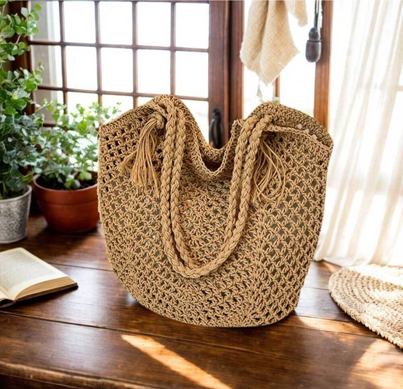 Women's Crochet Solid Color Square Open Tote Bag
