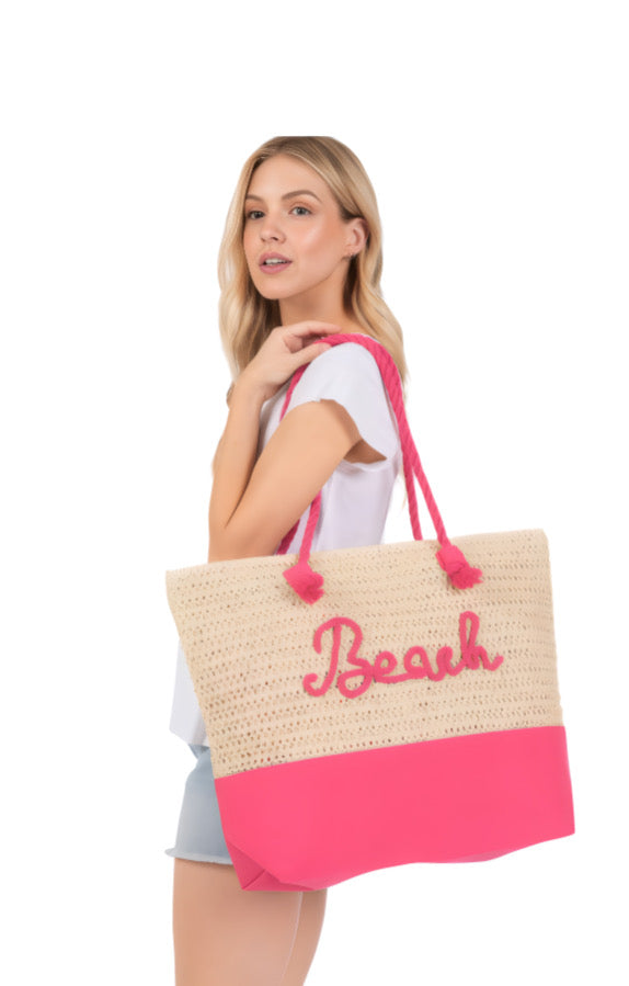 Vibrant Large Crochet Beach Tote Bag - Spacious Summer Tote with “Beach” Letter Design