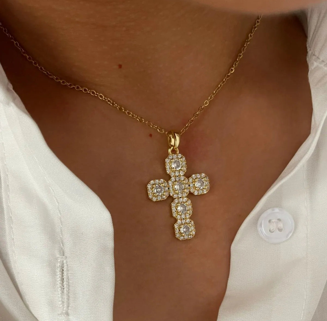 Stainless Steel 14K Gold Plated Inlaid Zircon Cross Necklace