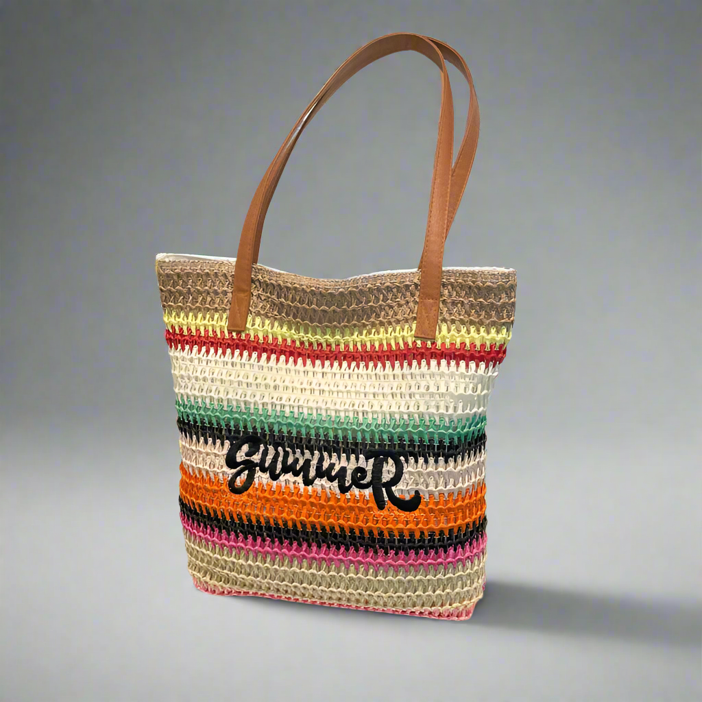 Women's Pu Leather Straw Vocabulary Words/Name Color Block Stripe Vacation Beach Weave Square Zipper Straw Bag