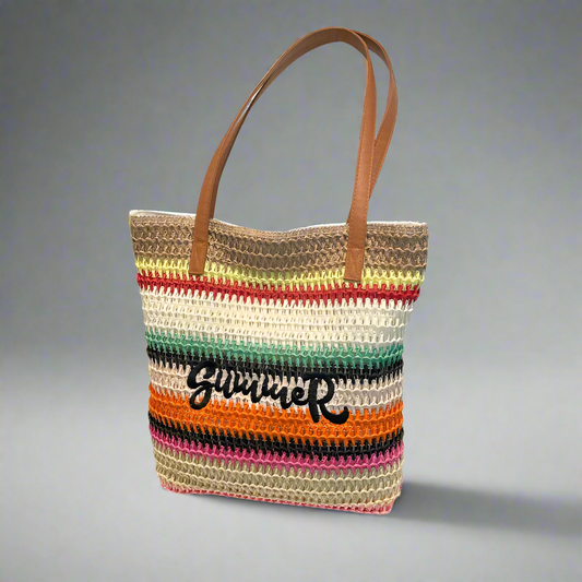 Women's Pu Leather Straw Vocabulary Words/Name Color Block Stripe Vacation Beach Weave Square Zipper Straw Bag