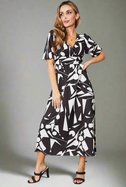 Printed Surplice Balloon Sleeve Dress