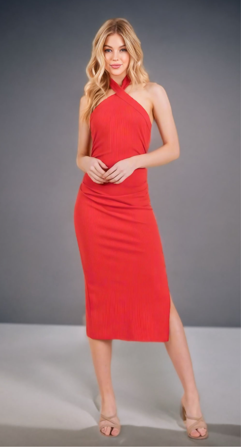 Halter Tied Criss-cross Midi Ribbed Dress