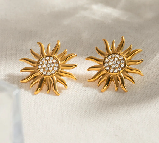 Stainless Steel Inlaid 18k Gold Rhinestone Sun Shape Stud Earrings