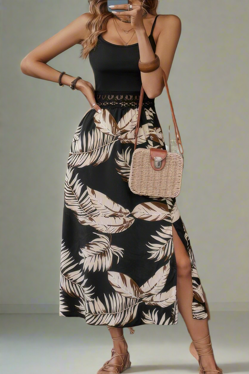 Tropical Print Guipure Lace Insert Split Dress