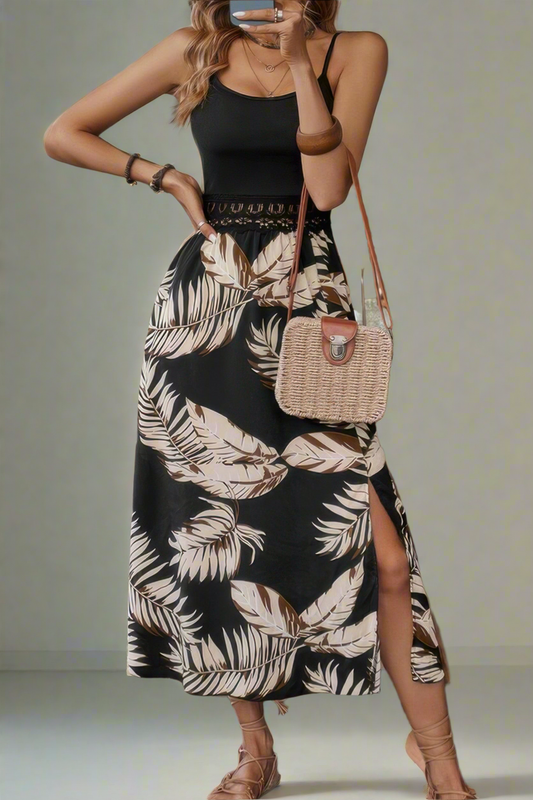 Tropical Print Guipure Lace Insert Split Dress