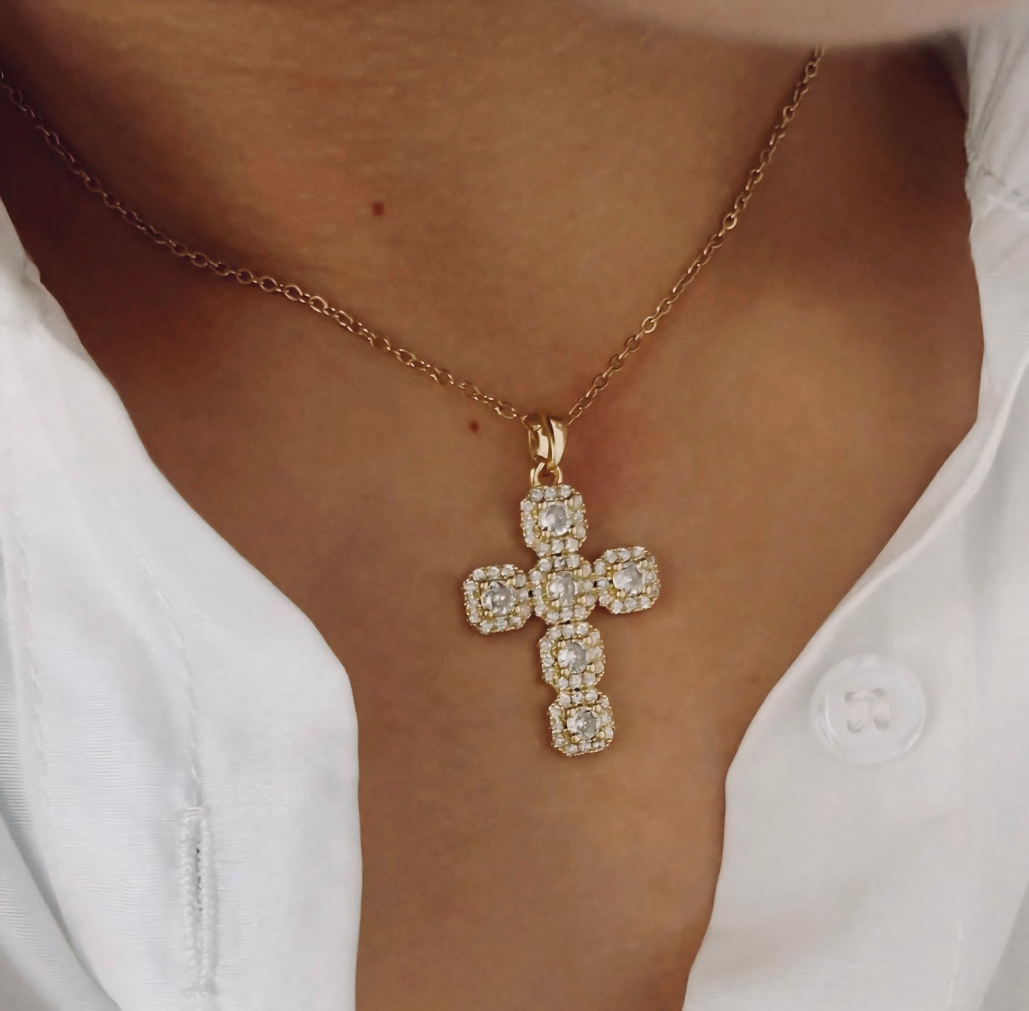 Stainless Steel 14K Gold Plated Inlaid Zircon Cross Necklace