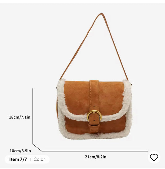 Fleece Trimmed Solid Crossbodybag Adjustable Strap