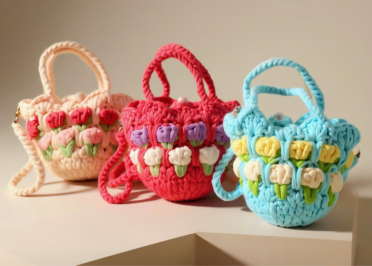Mini Knitted Tote Bag Children's Single Shoulder Bag With Earphone Holder Sweet Flower Design Kids Backpack Unisex Bag