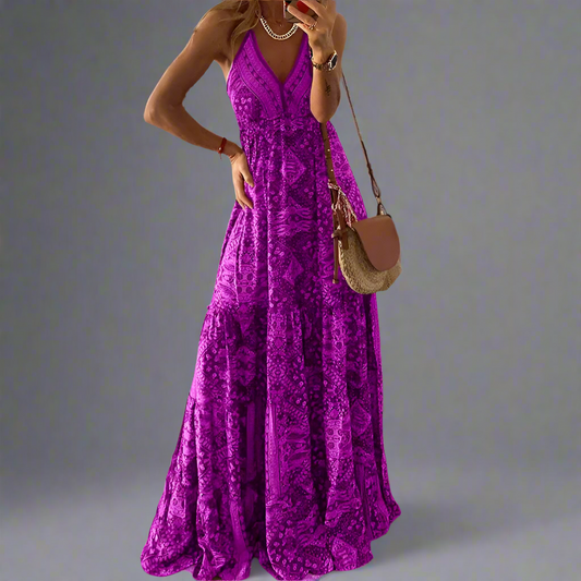 Bohemian Style High Waist V-neck Floral Print Maxi Dress Long  Sleeveless Women Dress Plant Floral Pattern