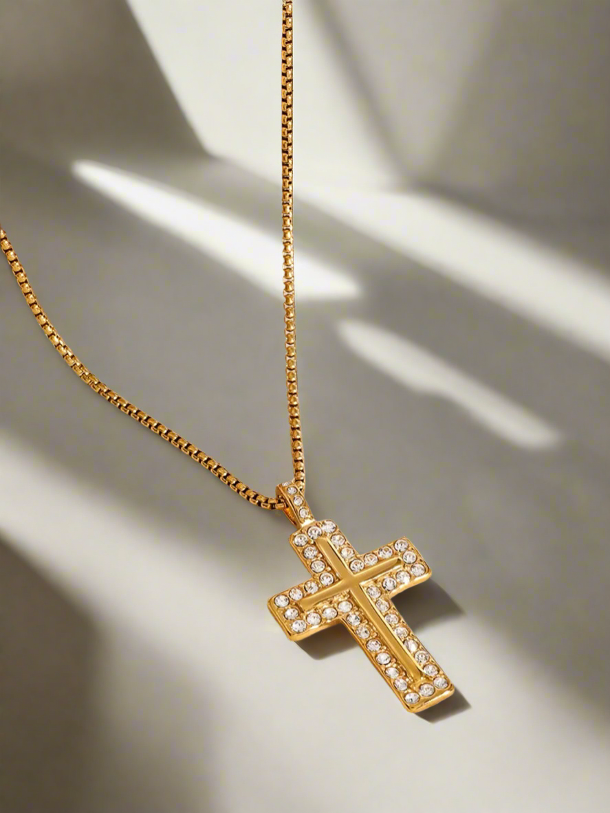 18K Gold-Plated Inlaid Zircon Cross Necklace